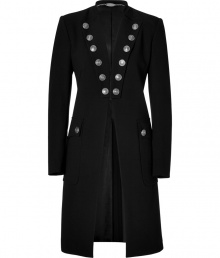 Rock n roll style goes regal with this sliver button-laden riding-style jacket from Just Cavalli - Stand collar, large folded down lapels with button details, fitted waist with hook and eye closure - Button-detailed patch pockets, open front, back pleating detail - Wear with a fitted mini dress or leather leggings and an oversized blouse Rock n roll style goes regal with this sliver button-laden riding-style jacket from Just Cavalli - Stand collar, large folded down lapels with button details, fitted waist with hook and eye closure - Button-detailed patch pockets, open front, back pleating detail - Wear with a fitted mini dress or leather leggings and an oversized blouse