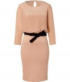 With a rosy muted hue and an elegant silhouette, this combo dress from Moschino C&C will add ladylike chic to your workweek style - Semi-sheer blouson top with round neck, and fitted solid underlay, three-quarter sleeves, black grosgrain bow belt, fitted knit skirt, concealed back zip closure - Style with classic pumps and a statement satchel