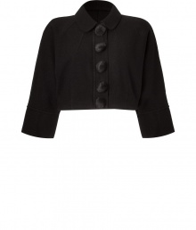 Pull together retro-chic looks with Marc by Marc Jacobs black wool bolero jacket, perfect for pairing with pencil skirts and pin heels for work - Rounded collar, 3/4 length sleeves, faux-fur buttons, cropped, tailored fit - Play with proportions and pair with long tees and leather leggings