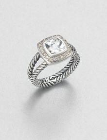 From the Petite Albion Collection. A beautifully faceted square white topaz surrounded in dazzling diamond set in sterling silver on double cable shank. White topazDiamonds, .2 tcwSterling silverWidth, about .25Imported From the Petite Albion Collection. A beautifully faceted square white topaz surrounded in dazzling diamond set in sterling silver on double cable shank. White topazDiamonds, .2 tcwSterling silverWidth, about .25Imported