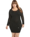 Sport a sexy vibe in Apple Bottoms' long sleeve plus size sweater dress, featuring a pointelle knit and hoodie styling.