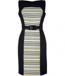 A vibrant zigzag print and a flattering figure-hugging fit inform this ultra-chic wool shift from Milly - Bateau neckline, sleeveless, zigzag printed middle panel with contrasting black side panels, belted waist, back slit, exposed back zip closure - Fitted silhouette - Pair with a cashmere cardigan and classic pumps