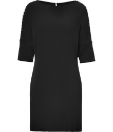 Toughen up your glamorous cocktail look with Versaces luxe laced dolman sleeve dress - Wide neckline, 3/4 dolman sleeves, laced shoulder detail with gold-toned decorative eyelets, slit with button closure at nape - Fitted - Wear with wafer platforms and a fringed detailed handbag