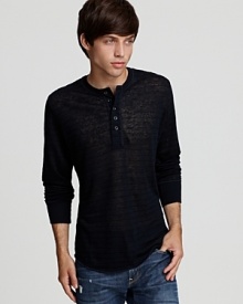 Tonal stripes and an extra-long 5 button placket adorn this crisp linen henley from The Tee By Joe's. Tonal stripes and an extra-long 5 button placket adorn this crisp linen henley from The Tee By Joe's.
