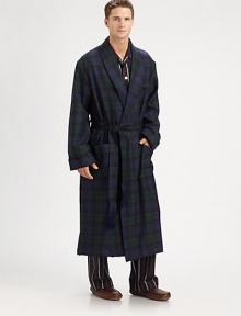 Start and end your day by lounging in this soothing, soft shawl collar robe woven in plaid-printed wool.Shawl collarTie beltChest, waist patch pocketsAbout 53 from shoulder to hemWoolDry cleanImported Start and end your day by lounging in this soothing, soft shawl collar robe woven in plaid-printed wool.Shawl collarTie beltChest, waist patch pocketsAbout 53 from shoulder to hemWoolDry cleanImported