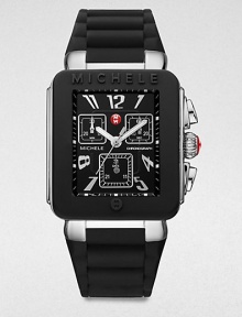 From the Jelly Bean Collection. A technical timepiece with glossy enamel accents and a playful, silicone strap. Swiss quartz movementWater resistant to 5 ATMRectangular stainless steel case, 33mm (1.3) X 35.5mm (1.4)Logo embellished black enamel bezelBlack enamel chronograph dialNumeric and dot hour markersSecond hand Black silicone strapImported From the Jelly Bean Collection. A technical timepiece with glossy enamel accents and a playful, silicone strap. Swiss quartz movementWater resistant to 5 ATMRectangular stainless steel case, 33mm (1.3) X 35.5mm (1.4)Logo embellished black enamel bezelBlack enamel chronograph dialNumeric and dot hour markersSecond hand Black silicone strapImported