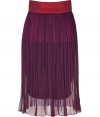 Luxe skirt in fine, pure silk chiffon - A sumptuous summer standout from it-designer Sophie Theallet - Fashionably colorblocked in rich ruby and orchid - High waisted, slim pencil cut with sheer, knife-pleated overlay - Zips at back - Elegant and eye-catching, perfect for parties and evenings out - Pair with dressy tanks and t-shirts or silk blouses and peep toe pumps or leather sandals