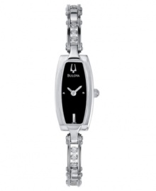 Turn up the heat with this dazzling watch by Bulova. Stainless steel & crystal-accented bracelet and rectangular case. Black dial with silvertone stick indice at six o'clock and logo. Quartz movement. Water resistant to 30 meters. Three-year warranty. Turn up the heat with this dazzling watch by Bulova. Stainless steel & crystal-accented bracelet and rectangular case. Black dial with silvertone stick indice at six o'clock and logo. Quartz movement. Water resistant to 30 meters. Three-year warranty.