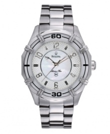Showcase your charisma with this Marine Star watch by Bulova. Stainless steel bracelet and round case. Mother-of-pearl dial features applied silver tone numerals and stick indices, three hands and logo. Quartz movement. Water resistant to 50 meters. Three-year limited warranty. Showcase your charisma with this Marine Star watch by Bulova. Stainless steel bracelet and round case. Mother-of-pearl dial features applied silver tone numerals and stick indices, three hands and logo. Quartz movement. Water resistant to 50 meters. Three-year limited warranty.