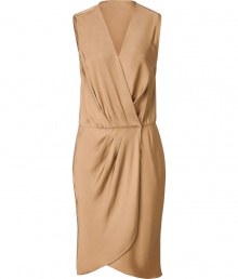 Add stylish impact to your cocktail party look with this chic wrap dress from Tara Jarmon - V-neck, faux wrap front, sleeveless, draped waist, asymmetrical petal hem - Wear with nude fishnets, statement heels, and an embellished clutch