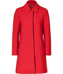 Tailored to perfection, this sixties-inspired bold crimson coat from Jil Sander Navy instantly elevates any ensemble - Spread collar, long sleeves, concealed front snaps, flap pockets, contoured seaming details, back flap detail - Tailored A-line silhouette - Wear with a silk mini-dress, menswear-inspired brogues, and an envelope clutch