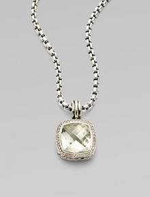 From the Albion Collection. A beautiful faceted prasiolite center stone surrounded by dazzling diamonds. Diamonds, .52 tcw Prasiolite Sterling silver Size, about ¾L X ¾ W Imported Please note: Chain sold separately. From the Albion Collection. A beautiful faceted prasiolite center stone surrounded by dazzling diamonds. Diamonds, .52 tcw Prasiolite Sterling silver Size, about ¾L X ¾ W Imported Please note: Chain sold separately.