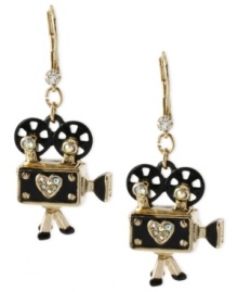 Project yourself with this set of earrings from Betsey Johnson. Crafted from gold-tone mixed metal and glass accents, this pair will make sure you're ready for your closeup. Approximate drop: 1-3/4 inches.