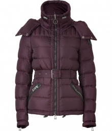 Stay warm in high style with this ultra-luxe down jacket from Belstaff - Stand collar, hood with snaps and toggle, front zip closure, belted waist, zip pockets and cuffs - Style with skinny jeans and over-the-knee boots