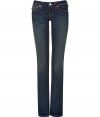 With Western-inspired details, these stylish distressed jeans from True Religion will amp up your casual basics - Classic five-pocket styling, whiskering, decorative back flap pockets with logo detail, belt loops - Straight leg, slim fit - Style with a blouse and blazer or a worn-in tee and a leather jacket