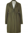 This olive coat of wool and cashmere brings unexpected feminine style to your winter wardrobe - Empire waist and trendy short form - Moderately deep lapels, long sleeves, single-button closure and side pockets - Versatile enough for a business suit, cocktail dress or more casual looks