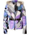 A classic geometric Pucci print covers this chic down jacket thats ready for a day at the ski slopes or a cold afternoon in the city - Stand collar, fox fur-lined hood, front zip closure, long sleeves, belted waist, zip pockets, slim fit, all-over print - Wear with slim jeans and shearling boots or an office-ready ensemble