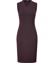 Elegant dress in burgundy-colored synthetic fiber- wool blend - Modern shape is slim, feminine and clean with simple decorative stitching - Sleeveless with a v-neckline, and concealed zip and vent at back - A powerful choice for the office with classic pumps, or for after work with ankle boots and a dramatic clutch