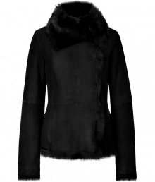 Radiate luxe appeal this season in Josephs exquisitely finished black lambskin jacket - Fold-over fur collar, long sleeves, patchwork seaming, hidden front closures, side slit pockets, ultra warm fur interior - Finish with tailored separates and covetable statement accessories