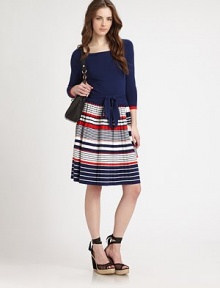 Designed with a nod to nautical, this soft knit pairs a solid top and boldly striped skirt.Ballerina neckline, front and backThree-quarter sleeves with contrast cuffsSelf tie beltSlightly dropped waistPleated skirtPullover styleAbout 21 from natural waist70% viscose/30% polyesterDry cleanImportedModel shown is 5'9½ (176cm) wearing US size Small. Designed with a nod to nautical, this soft knit pairs a solid top and boldly striped skirt.Ballerina neckline, front and backThree-quarter sleeves with contrast cuffsSelf tie beltSlightly dropped waistPleated skirtPullover styleAbout 21 from natural waist70% viscose/30% polyesterDry cleanImportedModel shown is 5'9½ (176cm) wearing US size Small.