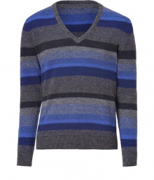 Work this seasons penchant for stripes in Etros tonal charcoal and royal blue fade fine wool pullover - V-neckline, ribbed trim, slim straight fit - Pair with a crisp white shirt and tailored trousers