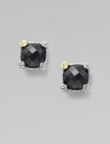 From the Linen Collection. An elegant faceted cushion of black onyx in a linen-textured sterling silver setting is gracefully accented by heart-shaped prongs, one of them in 18k gold with a diamond accent. Black onyx Diamonds, 0.008 tcw Sterling silver and 18k yellow gold Diameter, about 1¼ Post back Imported From the Linen Collection. An elegant faceted cushion of black onyx in a linen-textured sterling silver setting is gracefully accented by heart-shaped prongs, one of them in 18k gold with a diamond accent. Black onyx Diamonds, 0.008 tcw Sterling silver and 18k yellow gold Diameter, about 1¼ Post back Imported