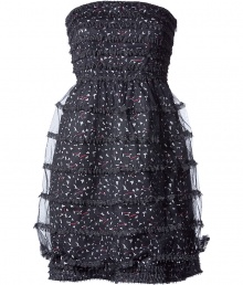 Black multi-layered cocktail dress in cotton - with feminine mini tiers - futuristic multi color garden print - knee length - zipper at the side - tight no-shoulder bodice top - nicely waist fitted - cool with ankle boots or boots - a dress for the upcoming party season Black multi-layered cocktail dress in cotton - with feminine mini tiers - futuristic multi color garden print - knee length - zipper at the side - tight no-shoulder bodice top - nicely waist fitted - cool with ankle boots or boots - a dress for the upcoming party season