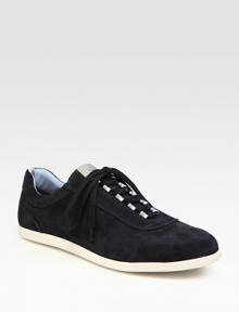 Sporty styling in supple Italian sueded calfskin elevates your casual wardrobe.Padded insoleRubber soleMade in Italy Sporty styling in supple Italian sueded calfskin elevates your casual wardrobe.Padded insoleRubber soleMade in Italy