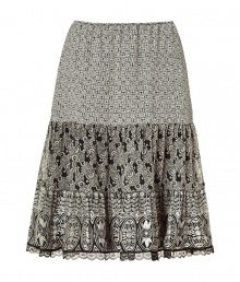 Elegant A-line skirt is typical of Anna Sui with a decorative print of black and white in pure silk - Comfortable, thin elastic waist - Texture changes from smooth, to soft pleats, to lace trim - Pleasant length falls at knee, making it perfect for most occasions - Pait with favorite heels, fitted top and cashmere cardigan for the office, or a tank and flats for a casual after-hours look Elegant A-line skirt is typical of Anna Sui with a decorative print of black and white in pure silk - Comfortable, thin elastic waist - Texture changes from smooth, to soft pleats, to lace trim - Pleasant length falls at knee, making it perfect for most occasions - Pait with favorite heels, fitted top and cashmere cardigan for the office, or a tank and flats for a casual after-hours look