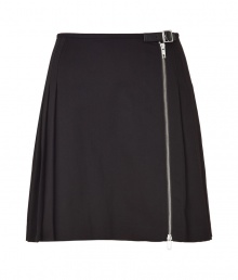 Coquettish yet full of edge, this pleated skirt from McQ Alexander McQueen gets a sexy kick with an exposed front zip - Flat front with buckle detail at waist and asymmetrical zip, pleated back, mini-length - Wear with a silk blouse, a blazer, and platform heels Coquettish yet full of edge, this pleated skirt from McQ Alexander McQueen gets a sexy kick with an exposed front zip - Flat front with buckle detail at waist and asymmetrical zip, pleated back, mini-length - Wear with a silk blouse, a blazer, and platform heels