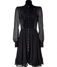 With a modernized Victorian aesthetic, this luxe sheer silk frock from McQ Alexander McQueen will add goth-chic appeal to your cocktail look - Stand collar, front button placket, long sleeves with puff at cuff, sheer bodice with front pintuck detail, full skirt with ruffled hem - Style with sky-high heels and an embellished clutch