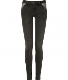 Give your edgy look that Brooklyn-bound feel in Marc by Marc Jacobs two-tone black skinny jeans - Four-pocket style, button closure, belt loops, contrast grey trim - Pair with oversized chunky knits and kick-around boots