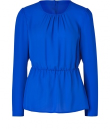 With its bright blue hue and breezy feminine cut, Theorys silk top lends an eye-catching accent to any outfit - Round neckline, long sleeves, elasticized waist, button-down back - Loosely tailored fit - Team with leather leggings and jet black accessories