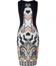 Work an iconic print into your sleek tailored dress collection with Etros ultra flattering paisley print paneled sheath - Round neckline, sleeveless, hidden back zip, kick pleat - Form-fitting - Wear with just as bright accessories