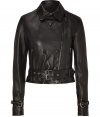 A modern take on the classic biker jacket, this luxe leather from Edun boasts a feminine fit with tough-meets-chic detailing - Spread collar, asymmetrical zip front, button detailing, zip pockets, belted waist and cuffs, cropped, fitted silhouette - Style with high-waisted skinnies and a tee or a pencil skirt and heels