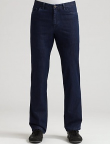 Dark wash denim in stretch Italian cotton. Belt loops Zip fly with button Inseam, about 34 Cotton/polyester/elastene; machine wash Made in Italy Dark wash denim in stretch Italian cotton. Belt loops Zip fly with button Inseam, about 34 Cotton/polyester/elastene; machine wash Made in Italy