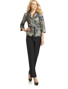 THE LOOKConcealed snap frontFlap pocketsBelled three-quarter sleevesFaux leather tie beltDarting in front and backSubtle sheenAbstract pattern throughoutTHE FITAbout 25½ from shoulder to hemTHE MATERIAL65% cotton/35% polyesterFully linedCARE & ORIGINDry CleanImportedModel shown is 5'11 (180cm) wearing US size 4. THE LOOKConcealed snap frontFlap pocketsBelled three-quarter sleevesFaux leather tie beltDarting in front and backSubtle sheenAbstract pattern throughoutTHE FITAbout 25½ from shoulder to hemTHE MATERIAL65% cotton/35% polyesterFully linedCARE & ORIGINDry CleanImportedModel shown is 5'11 (180cm) wearing US size 4.
