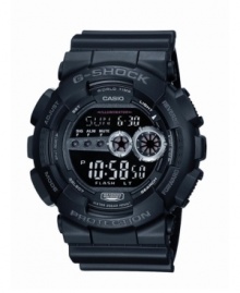 Turn heads with this tough black-on-black watch by G-Shock. Black resin strap and round case. Shock-resistant digital display dial features high-brightness auto LED, flash alert, world time, five daily alarms, stopwatch, countdown timer, multi-home time and 12/24-hours formats. Quartz movement. Water resistant to 200 meters. One-year limited warranty. Turn heads with this tough black-on-black watch by G-Shock. Black resin strap and round case. Shock-resistant digital display dial features high-brightness auto LED, flash alert, world time, five daily alarms, stopwatch, countdown timer, multi-home time and 12/24-hours formats. Quartz movement. Water resistant to 200 meters. One-year limited warranty.