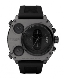 Nobody will doubt that you mean business. Watch by Diesel crafted of black silicone strap and round black ion-plated stainless steel case. Largest of three black dials features date window and three chronograph subdials and two additional smaller dials feature stick indices. Quartz movement. Water resistant to 100 meters. Two-year limited warranty. Nobody will doubt that you mean business. Watch by Diesel crafted of black silicone strap and round black ion-plated stainless steel case. Largest of three black dials features date window and three chronograph subdials and two additional smaller dials feature stick indices. Quartz movement. Water resistant to 100 meters. Two-year limited warranty.