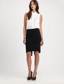 Contrast leather insets and a notched back hem enhance this contemporary collectible. Side zipperCropped front hemBack slitFully linedAbout 25 longBody: LeatherTrim: Rayon/nylon/polyurethaneDry cleanImportedModel shown is 5'9½ (176cm) wearing US size 4. Contrast leather insets and a notched back hem enhance this contemporary collectible. Side zipperCropped front hemBack slitFully linedAbout 25 longBody: LeatherTrim: Rayon/nylon/polyurethaneDry cleanImportedModel shown is 5'9½ (176cm) wearing US size 4.