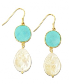 A taste of the tropics. Shimmering cultured freshwater pearls (13 mm x 17 mm) and round turquoise stones (7-5/8 ct. t.w.) create an exotic look on these 18k gold over sterling silver earrings. Approximate drop: 1-1/2 inches.