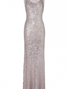 Statement-making platinum scoop neck gown from Jenny Packham - Channel old Hollywood glamour in this sumptuous blue sequin gown - Dramatic scoop neck, sleeveless, all-over sequin embellishment -Floor length, figure-hugging silhouette, hidden back zip closure - Pair with sky-high platform heels and a statement-clutch