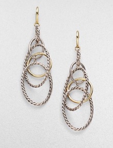 A coming together of the cabled and the smooth, the oval and the circle, sterling silver and 18k gold, in a delicate linked design that dangles with mobile grace. 18k yellow gold and sterling silver Drop, about 2½ Ear wire Made in Italy A coming together of the cabled and the smooth, the oval and the circle, sterling silver and 18k gold, in a delicate linked design that dangles with mobile grace. 18k yellow gold and sterling silver Drop, about 2½ Ear wire Made in Italy