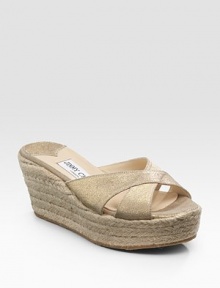 Metallic-finished suede transforms this classic favorite on rope wedge into an absolute must-have. Wedge heel, 3 (75mm) Platform, 1½ (40mm) Compares to a 1½ heel (40mm) Leather lining Rubber sole Made in ItalyOUR FIT MODEL RECOMMENDS ordering true whole size; ½ sizes should order the next whole size up.