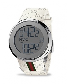 From the I-Gucci collection, a modern timepiece. Silver dial offers the option of a digital or analog display. Blue digits represent hour, minute, second, date and your location. White rubber strap with red/green webbing accent. Triple deployment buckle.