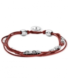 Added attractions. Fossil's multistrand red leather bracelet features silver-tone beads and sparkling accents for a radiant touch. Approximate length: 7-1/2 inches. Added attractions. Fossil's multistrand red leather bracelet features silver-tone beads and sparkling accents for a radiant touch. Approximate length: 7-1/2 inches.