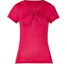 An upgrade to a basic tee in pink modal, this top is soft and feminine - Features a round neckline, large, decorative bow and short sleeves - Comfortable tee-like quality with the elegance of a blouse - Wear with a pencil skirt, opaque stocking and heels, or with a favorite pair of jeans and ballet flats