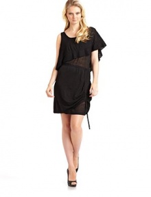 THE LOOKScoop neckline Pullover style Asymmetrical shoulders: one sleeveless and one short sleeve Attached asymmetrical draped capelet with drawstring tie on right Elastic waist Ruched drawstring on left hem Fully linedTHE FITAbout 39 ½ from shoulder to hemTHE MATERIAL65% merino wool/35% viscoseCARE & ORIGINDry clean Imported THE LOOKScoop neckline Pullover style Asymmetrical shoulders: one sleeveless and one short sleeve Attached asymmetrical draped capelet with drawstring tie on right Elastic waist Ruched drawstring on left hem Fully linedTHE FITAbout 39 ½ from shoulder to hemTHE MATERIAL65% merino wool/35% viscoseCARE & ORIGINDry clean Imported
