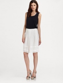 A soft flare flawlessly complements this timeless eyelet design with classic pleats and an irresistibly flattering fit.A-line designWaist dartsSide zipperAllover eyelet detailsPretty pleatsAbout 22 longCotton; linen liningDry cleanImported Model shown is 5'10½ (179cm) wearing US size 4. OUR FIT MODEL RECOMMENDS ordering true size. A soft flare flawlessly complements this timeless eyelet design with classic pleats and an irresistibly flattering fit.A-line designWaist dartsSide zipperAllover eyelet detailsPretty pleatsAbout 22 longCotton; linen liningDry cleanImported Model shown is 5'10½ (179cm) wearing US size 4. OUR FIT MODEL RECOMMENDS ordering true size.