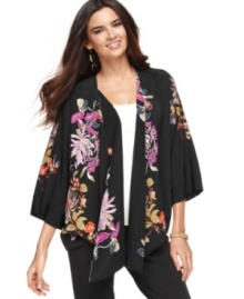 Alfani's jacket is full of exotic flourishes, from it's striking silhouette to its vibrant floral print. Alfani's jacket is full of exotic flourishes, from it's striking silhouette to its vibrant floral print.
